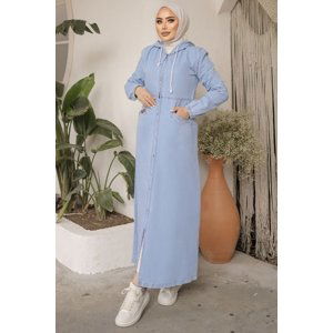 InStyle Zippered Hooded Denim Dress - Light Blue