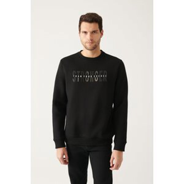 Avva Men's Black Crew Neck 3 Thread Inner Fleece Printed Standard Fit Regular Fit Sweatshirt