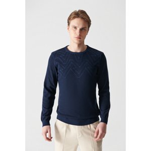 Avva Men's Navy Blue Crew Neck Jacquard Sweater