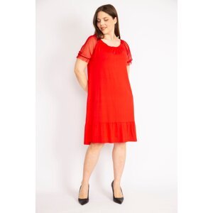 Şans Women's Red Plus Size Sleeves Tulle Collar Rubber Detailed Skirt Tip Layered Dress