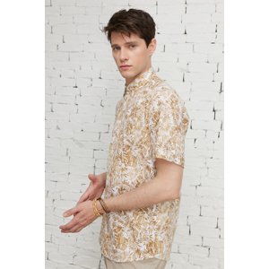 ALTINYILDIZ CLASSICS Men's White-Brown Slim Fit Slim Fit Hidden Button Collar 100% Cotton Printed Shirt