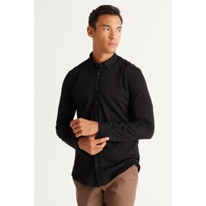 ALTINYILDIZ CLASSICS Men's Black Slim Fit Narrow Cut Button Collar Pique Knitted Shirt