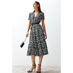 Trendyol Black Floral Double Breasted Skater/Waist Open Ribbed Elastic Knitted Midi Dress
