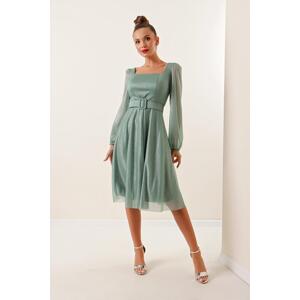 By Saygı Square Collar Belted Balloon Sleeve Lined Glitter Dress