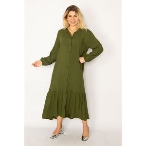 Şans Women's Large Size Green Woven Viscose Fabric Front Length Buttoned Hem Tiered Long Sleeve Dress