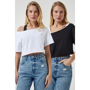 Happiness İstanbul Women's White Black Boat Neck Basic Crop 2-Pack Knitted T-Shirt