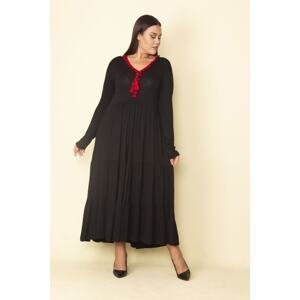 Şans Women's Plus Size Red Collar Detailed Waist Pleated Layered Long Dress