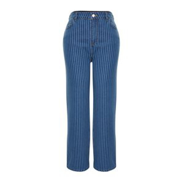 Trendyol Curve Dark Blue Striped Wide Cut Jeans