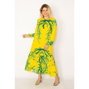 Şans Women's Plus Size Yellow Woven Viscose Fabric Tiered Long Sleeve Dress