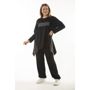 Şans Women's Plus Size Black Silvery Detailed Sweatshirt and Pants Double Suit