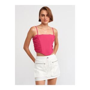 Dilvin 20129 Gathered Detailed Strappy Crop Top-Fuchsia