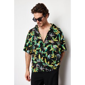 Trendyol Black Oversize Fit Leaf Printed 100% Viscose Short Sleeve Flowy Summer Shirt