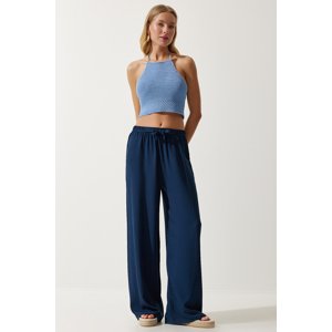 Happiness İstanbul Women's Navy Blue Flowy Knitted Palazzo Trousers