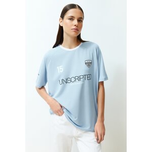 Trendyol Blue Oversize/Wide Fit Motto Printed Knitted T-Shirt