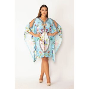 Şans Women's Plus Size Colorful Shoulder And Chest Detailed Cape Dress