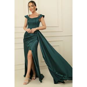 By Saygı Rope Straps Off Shoulders Underwire Lined Satin Long Dress with Side Slit