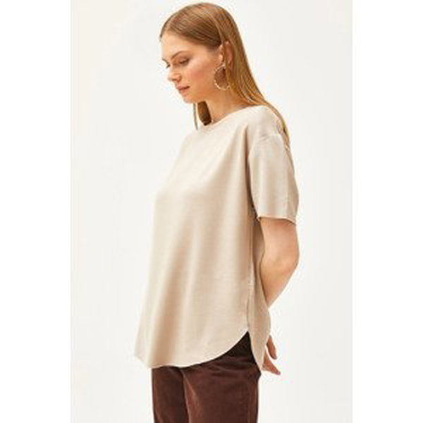 Olalook Women's Beige Modal Touch Soft Textured Six Oval T-Shirt