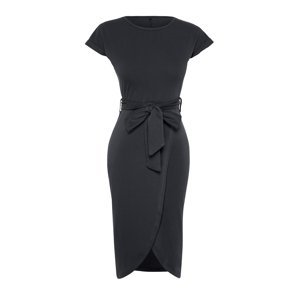 Trendyol Anthracite 100% Cotton Double Breasted Closure Belt Detailed Midi Knitted Dress