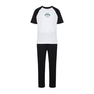 Trendyol Black and White Printed Raglan Sleeve Regular Fit Knitted Pajamas Set
