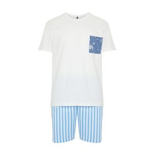 Trendyol Ecru Blue Printed Regular Fit Couple Knitted Shorts Pajamas Set