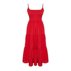 Trendyol Cotton Blended Woven Maxi Dress with Red Skirt Opening at the Waist