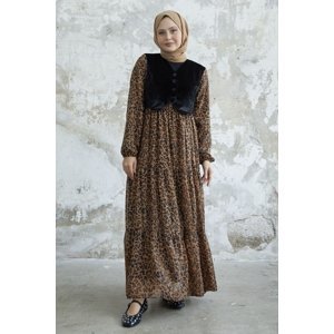 InStyle 2313 Pattern Velvet Chiffon Dress - Brown