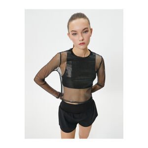 Koton Shiny Tulle Crop T-Shirt Sports Long Sleeve Crew Neck Comfort Fit