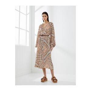 Koton Ethnic Patterned Balloon Sleeve Midi Dress Viscose Blended