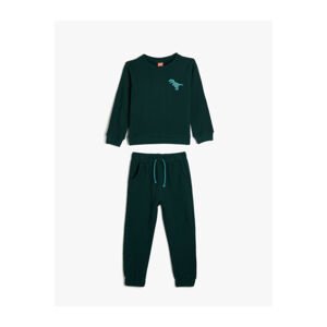 Koton 2-Pack Tracksuit Set Textured Dinosaur Embroidered Long Sleeve Top and Elastic Waist Sweatpants