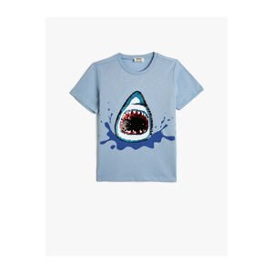 Koton T-Shirt Shark Print Short Sleeve Sequin Sequined Crew Neck Cotton