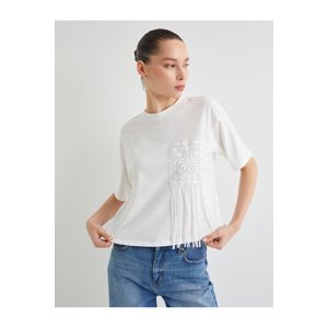 Koton Tasseled Lace Detail T-Shirt Short Sleeve Crew Neck Cotton