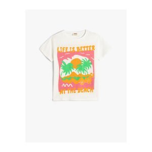 Koton T-Shirt Short Sleeve Crew Neck Summer Themed Print Detailed Cotton