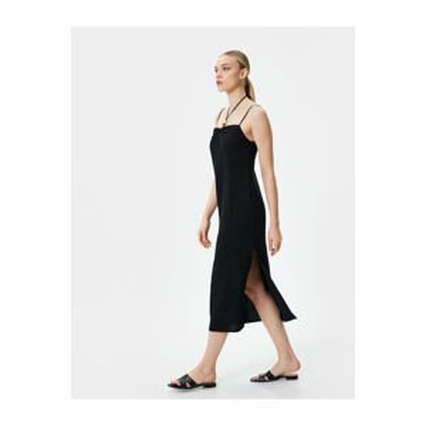 Koton Linen Blend Dress Midi Length Strappy Bead Detail Slim Fit