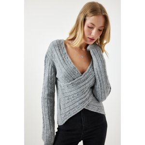 Happiness İstanbul Women's Gray Wrapover Neck Seasonal Knitwear Sweater