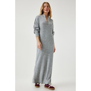 Happiness İstanbul Women's Gray Zippered Collar Ribbed Long Knitwear Dress