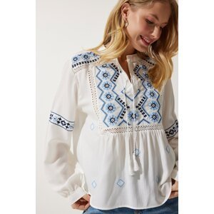 Happiness İstanbul Women's White Embroidered Woven Blouse