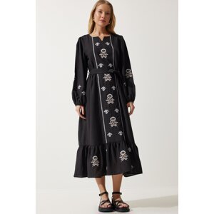 Happiness İstanbul Women's Black Embroidered Linen Surface Long Woven Dress