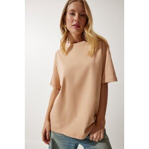 Happiness İstanbul Women's Dark Beige Crew Neck Basic Oversize Knitted T-Shirt