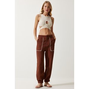 Happiness İstanbul Women's Brown Embroidery Detail Muslin Trousers