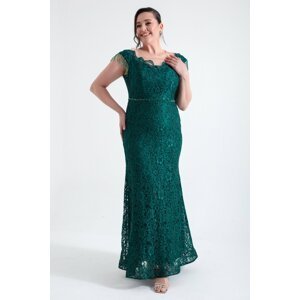 Lafaba Women's Emerald Green Laced Sleeves Beaded Plus Size Evening Dress