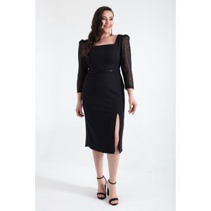 Lafaba Women's Black Square Neck Belted Midi Plus Size Evening Dress
