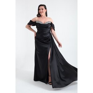 Lafaba Women's Black Boat Neck Slit Long Plus Size Satin Evening Dress
