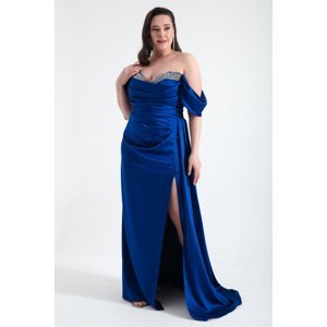 Lafaba Women's Saxe Blues Boat Neck Slit Long Plus Size Satin Evening Dress
