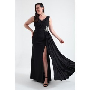 Lafaba Women's Black Double Breasted Neck Stone Plus Size Evening Dress