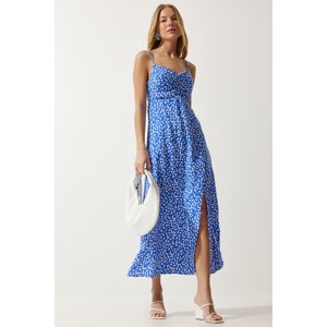 Happiness İstanbul Women's Blue Strap Patterned Viscose Dress