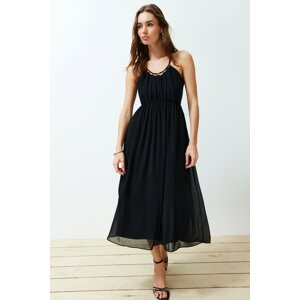 Trendyol Black A-line Collar Detailed Lined Chiffon Woven Midi Dress