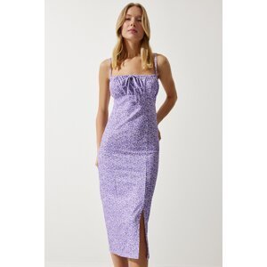 Happiness İstanbul Women's Lilac White Floral Slit Summer Knitted Dress