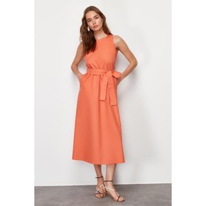 Trendyol Orange Belted 100% Cotton Poplin Midi Woven Midi Dress