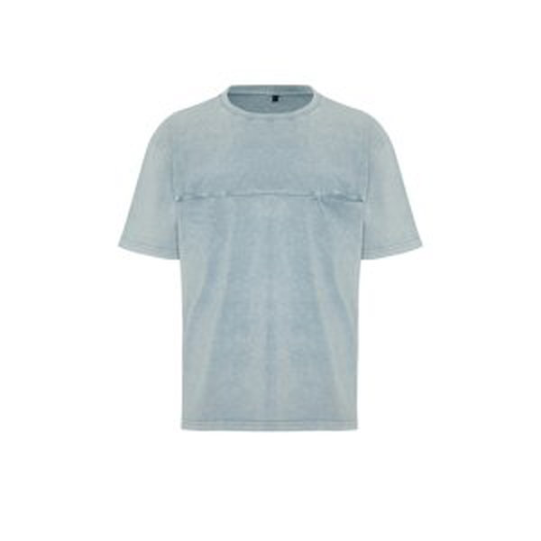 Trendyol Pale Blue Relaxed/Comfortable Fit Distressed/Pale Effect Pocket 100% Cotton T-Shirt