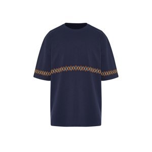 Trendyol Navy Blue Oversize/Wide-Fit Embroidered 100% Cotton T-Shirt